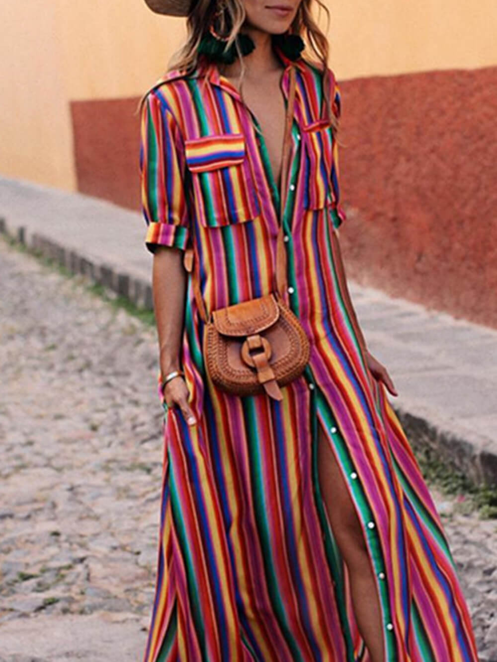 Casual Striped Printed Shirt Maxi Skirt Set