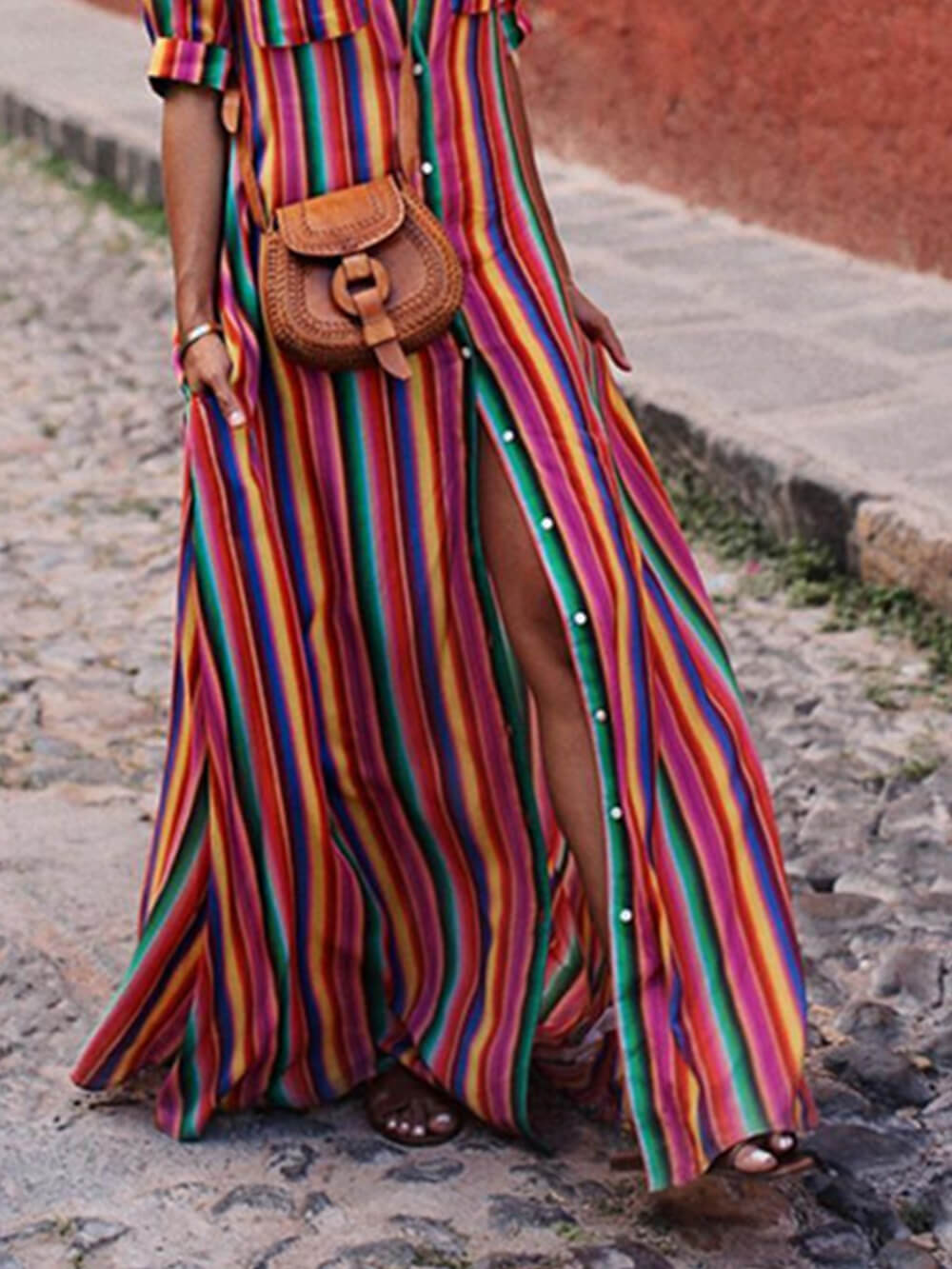 Casual Striped Printed Shirt Maxi Skirt Set