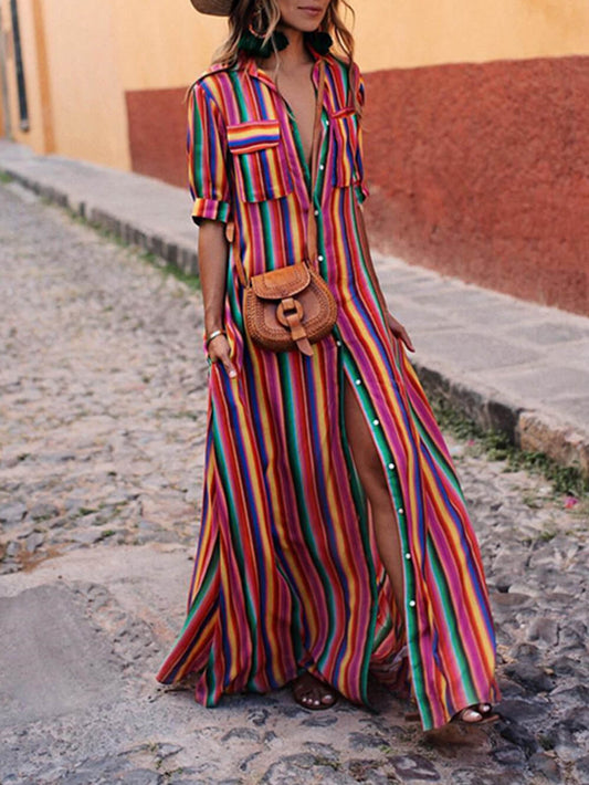Casual Striped Printed Shirt Maxi Skirt Set