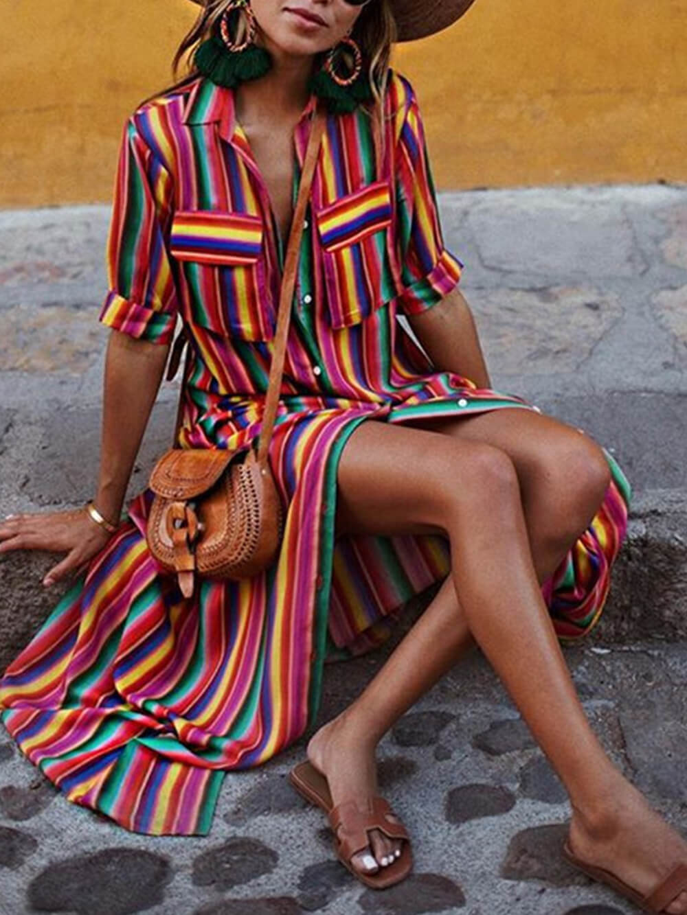 Casual Striped Printed Shirt Maxi Skirt Set